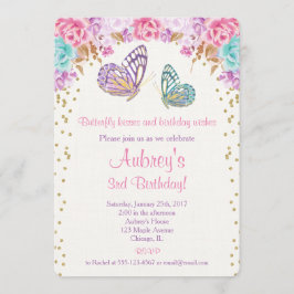 Convite de aniversário para borboletas, ouro roxo 