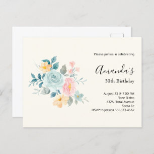 Convite de aniversário para Buquê de Flor Azul e R