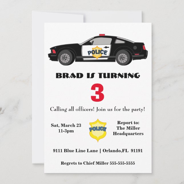 Convite de Aniversário para Carro de Polícia Legal (Frente)