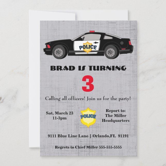Convite de Aniversário para Carro de Polícia Legal (Frente)