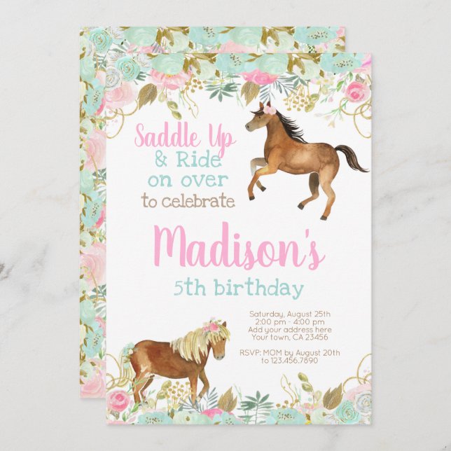 Convite de Aniversário para Cavalos de Cowgirl (Frente/Verso)