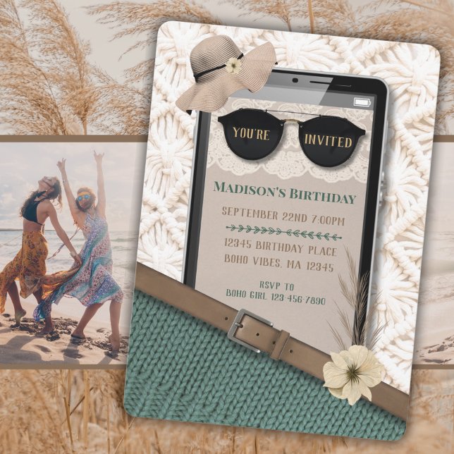 Convite de Aniversário para Celular Boho Moderno (Modern Boho Cell Phone Birthday Invitation)