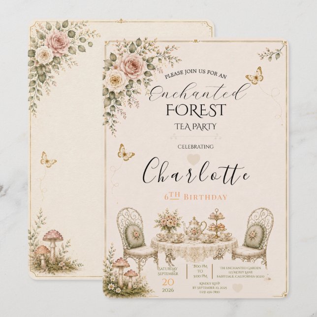 Convite de Aniversário para Chá da Floresta Encant (Frente/Verso)