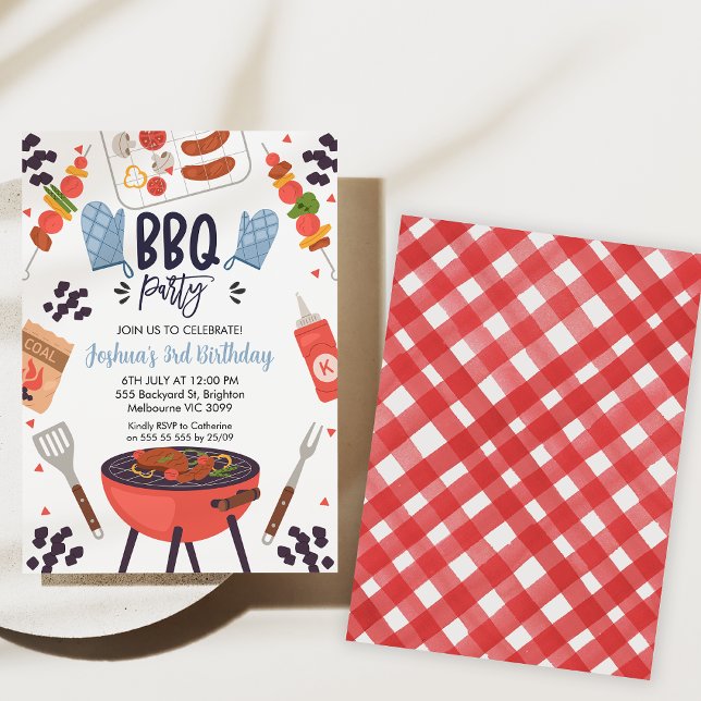 Convite de aniversário para Churrasco de Meninos A (Bbq birthday party invitation, Backyard Bbq Birthday Invitation, Gingham, blue mitt, Summer Party)