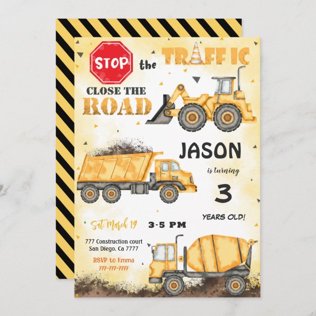 Convite de Aniversário para Construção Amarelo e P (Frente/Verso)