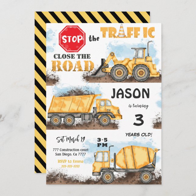 Convite de Aniversário para Construção Amarelo e P (Frente/Verso)