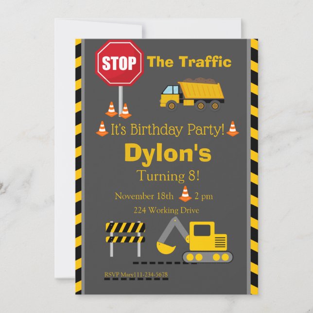 Convite De Aniversário Para Construção, Bull Dozer (Frente)