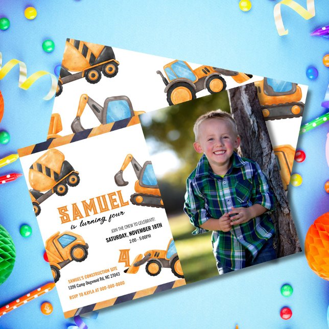 Convite de Aniversário para Construção de Fotograf (Editable watercolor construction truck invitation with photo. Personalize for a fun birthday)