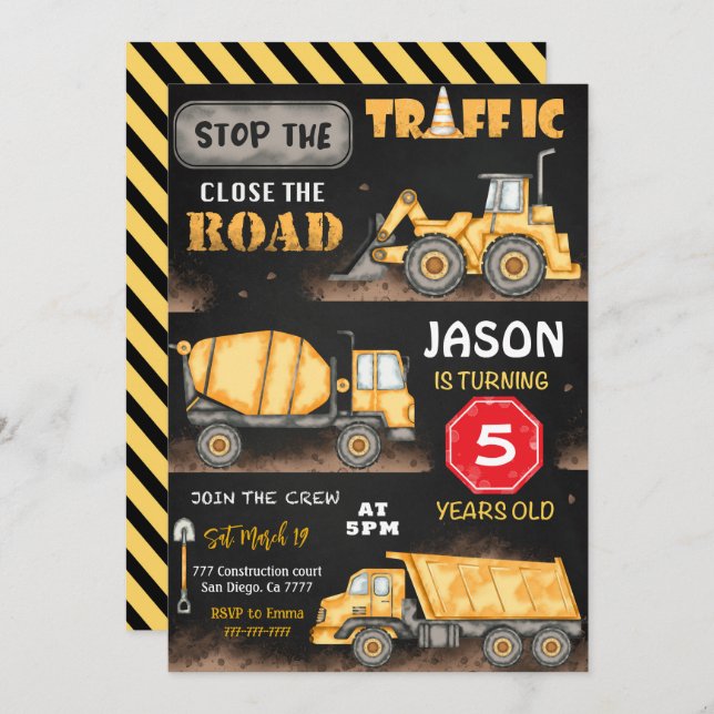 Convite de Aniversário para Construção em Preto e  (Frente/Verso)