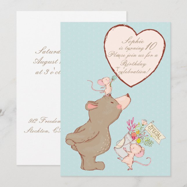 Convite de Aniversário para Crianças de Urso e Rat (Frente/Verso)