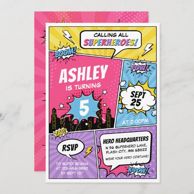 Convite de Aniversário para Crianças Super Heróis (Frente/Verso)