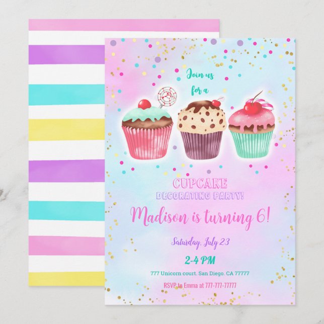 Convite de Aniversário para Cupcake Bonito (Frente/Verso)