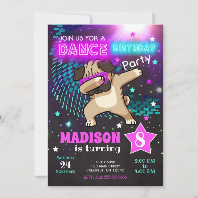Convite de Aniversário para Dabbing Pug / Dance Pa (Frente)