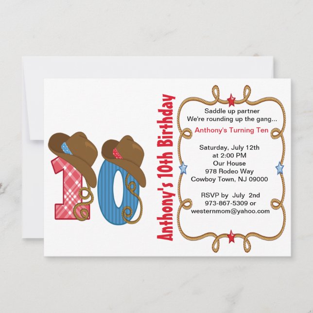 Convite de Aniversário para Dez Meninos do Oeste (Frente)