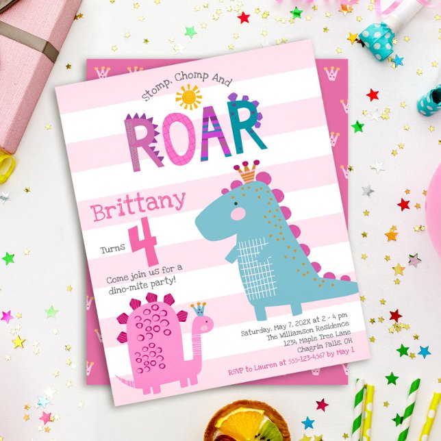 Convite de Aniversário para Dinossauras Rosa Bonit (Criador carregado)