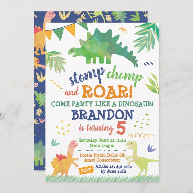 Convite de Aniversário para Dinossauro Bonito (Frente/Verso)