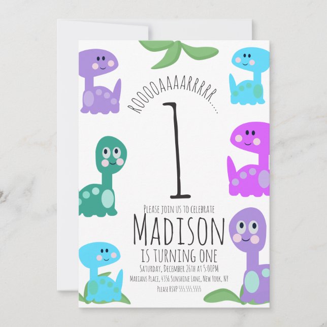 Convite de aniversário para dinossauros brilhantes (Frente)