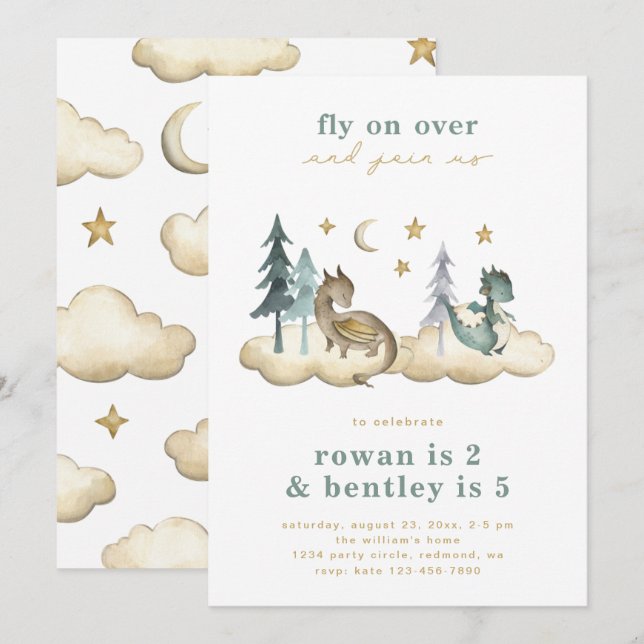 Convite de Aniversário para Dragões Conjuntos | Co (Frente/Verso)