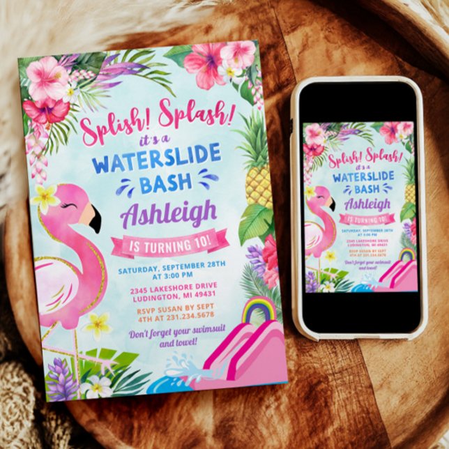 Convite de Aniversário para Escave Tropical Girly (Tropical Girly Waterslide Birthday Invitation with an Adorable Pink Flamingo)