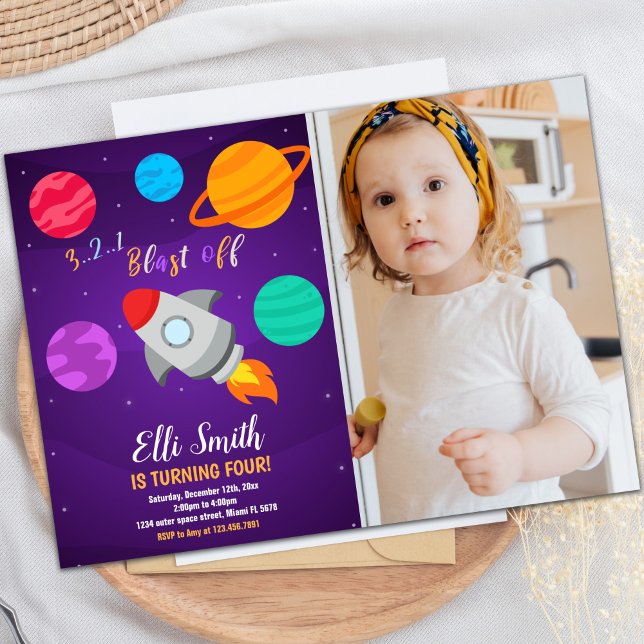 Convite de Aniversário para Explosão de Foguete co (Gray Rocket Blast Off Birthday Invitations w photo)