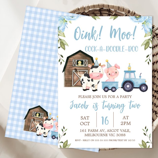 Convite de Aniversário para Fazenda de Trator de B (Farm Birthday Invitation Templates, Oink Baa Moo Birthday Invitation Editable, Farm Animals Invite
)