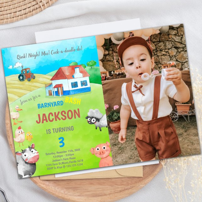 Convite de aniversário para Fazenda Verde com foto (Green Farm Birthday Invitations with photo)