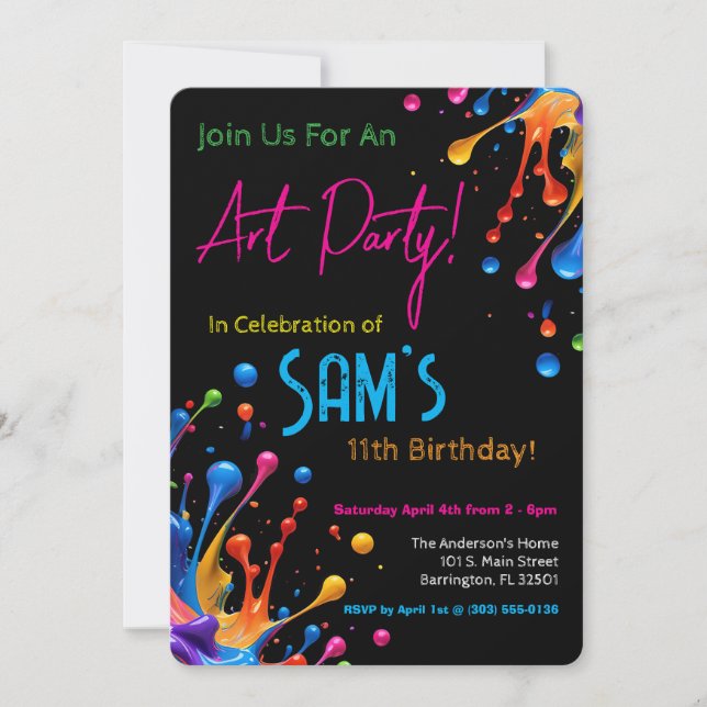 Convite de Aniversário para Festa de Arte com Tint (Frente)