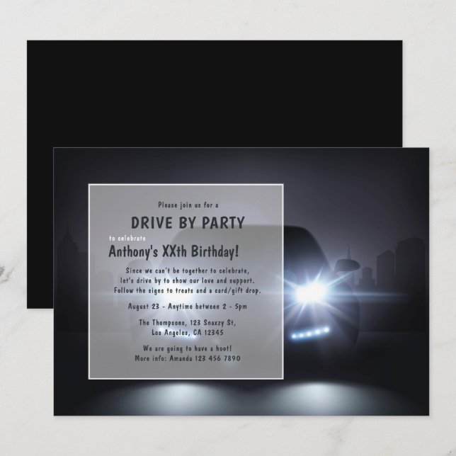 Convite de Aniversário para Festa de Carro à Noite (Frente/Verso)