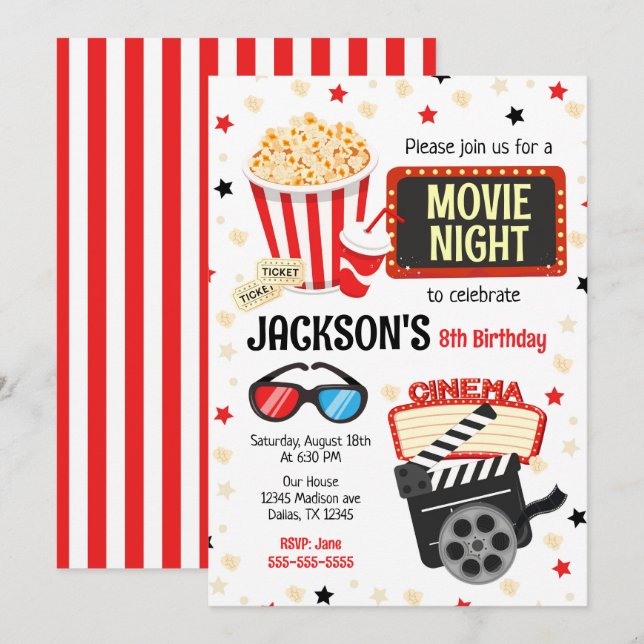 Convite de Aniversário para Festa de Cinema Infant (Frente/Verso)