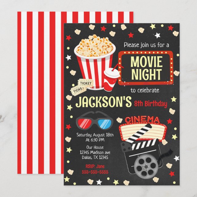 Convite de Aniversário para Festa de Cinema Infant (Frente/Verso)