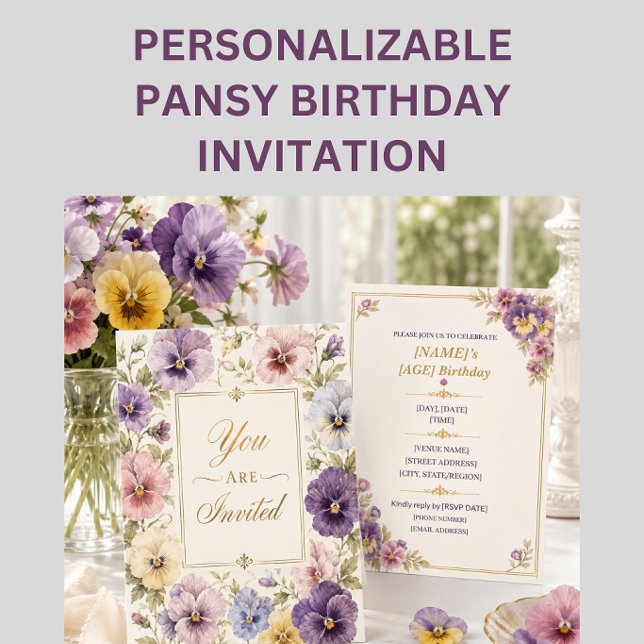 Convite de Aniversário para Festa de Jardim Elegan (Elegant pansy birthday invitation front and back with vase flowers on white table lifestyle scenes)