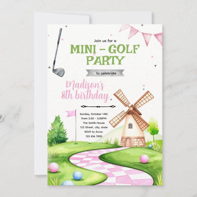 Convite de aniversário para festa de mini golfe co (Frente)