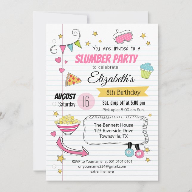 Convite de aniversário para festa de pijama e pern (Frente)