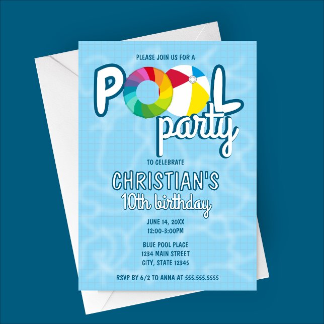 Convite de Aniversário para Festa de Piscina (Tiled Pool Party Birthday Party Invitation with Beach Ball and Round Colorful Raft)