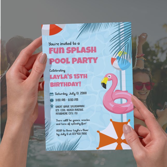 Convite de Aniversário para Festa de Piscina com r (Pink & Blue Splash Pool Party Birthday Invitation)