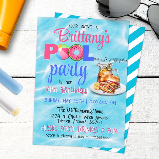 Convite de Aniversário para Festa de Piscina de CH (Backyard Barbeque Birthday Pool Party Invitation with Tropical aesthetics and sweet tea)