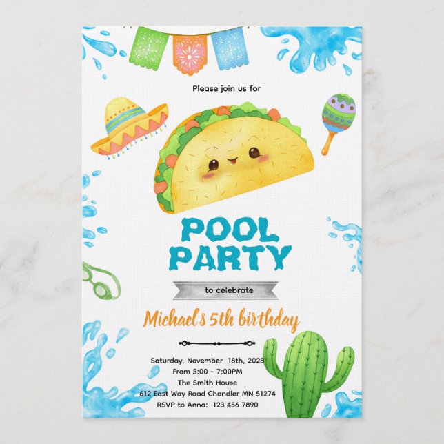 Convite de Aniversário para Festa de Piscina de Ta (Frente)
