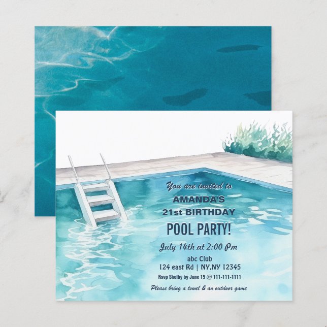 Convite de Aniversário para Festa de Piscina de Ve (Frente/Verso)