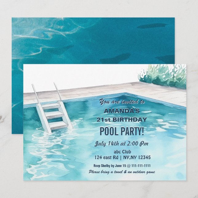 Convite de Aniversário para Festa de Piscina de Ve (Frente/Verso)
