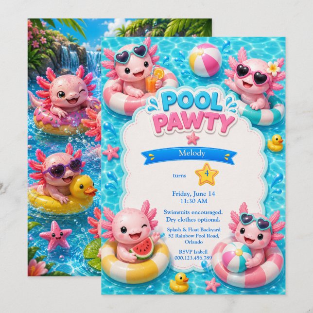 Convite de Aniversário para Festa de Piscina do Ax (Frente/Verso)
