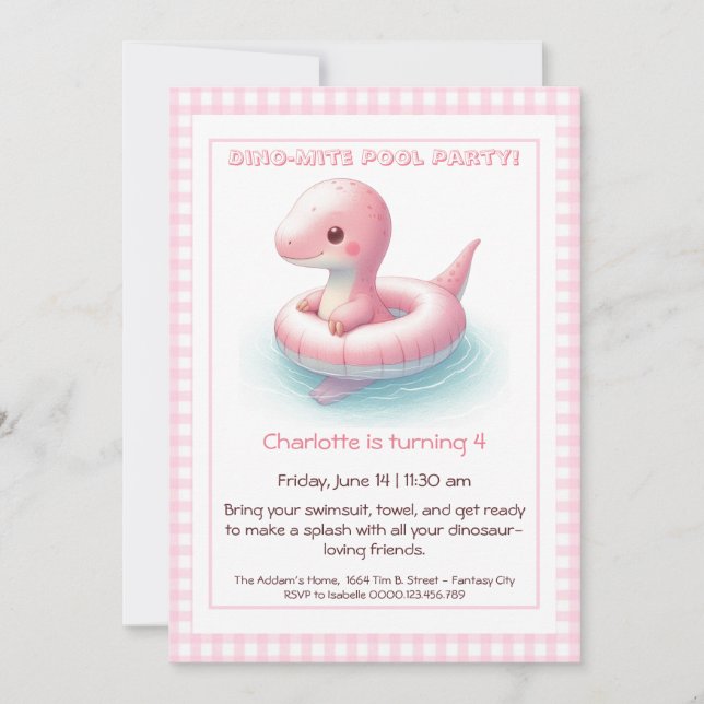 Convite de Aniversário para Festa de Piscina Rosa  (Frente)
