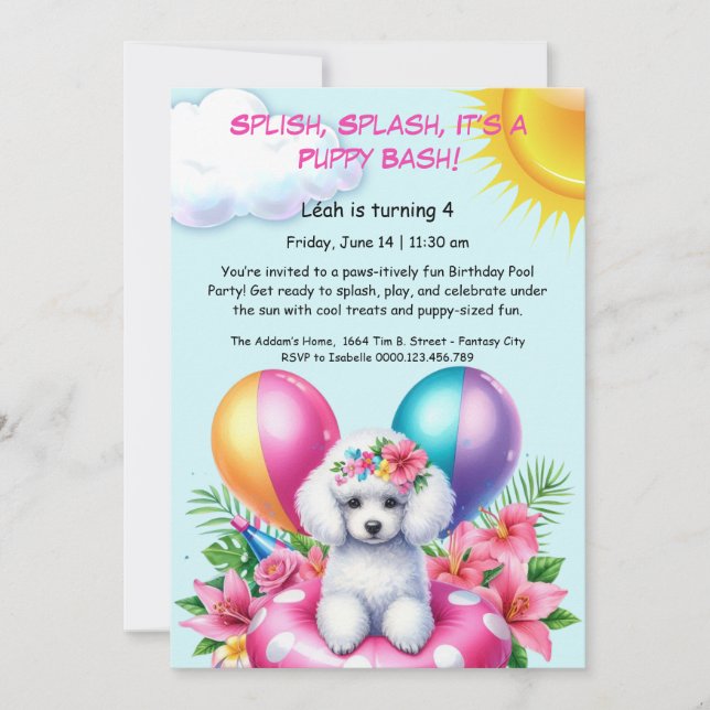 Convite de Aniversário para Festa de Piscina Splas (Frente)
