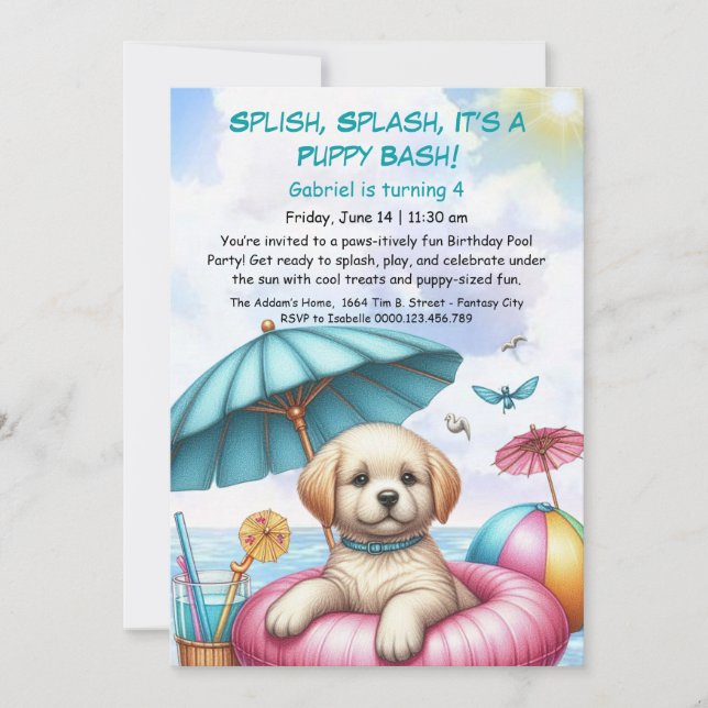 Convite de Aniversário para Festa de Piscina Splas (Frente)