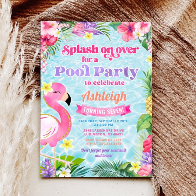 Convite de Aniversário para Festa de Piscinas Meni (Tropical Girly Pool Party Birthday Invitation)