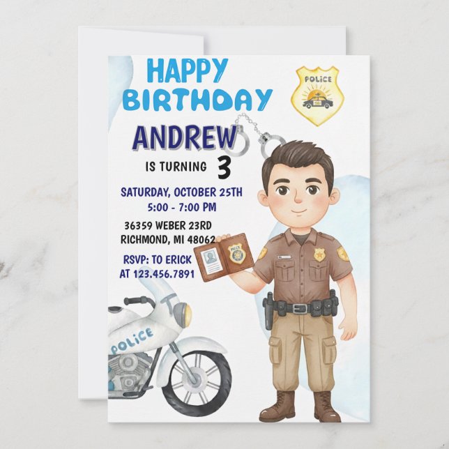 Convite de aniversário para festa de policial mode (Frente)