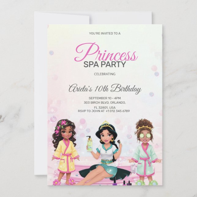 Convite de aniversário para festa de spa da prince (Frente)