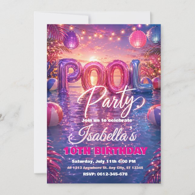 Convite de Aniversário para Festa na Piscina (Frente)