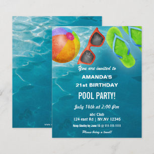 Convite de aniversário para festa na piscina com o