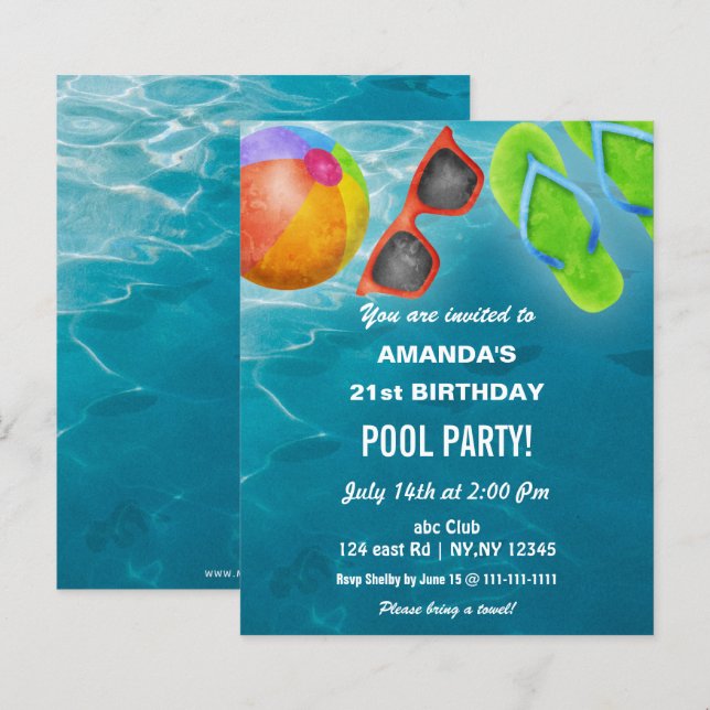 Convite de aniversário para festa na piscina com o (Frente/Verso)