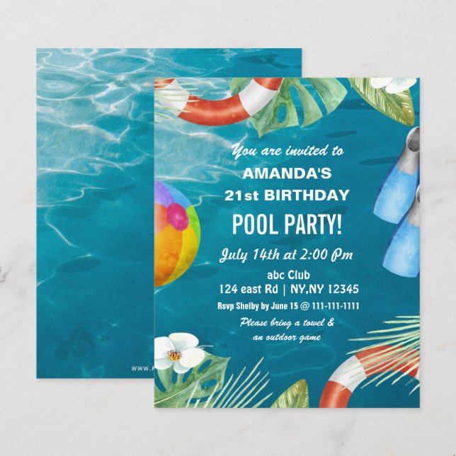 Convite de aniversário para festa na piscina com o (Frente/Verso)